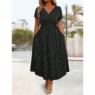 Women's Plus Size Sparkly Maxi Dress Glitter V Neck Ruched Dresses with Pockets