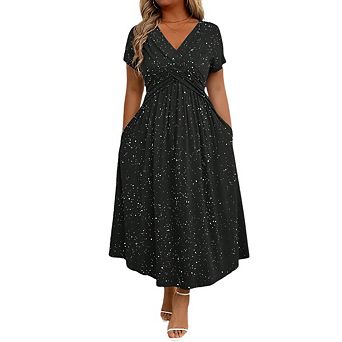 Women's Plus Size Sparkly Maxi Dress Glitter V Neck Ruched Dresses with Pockets