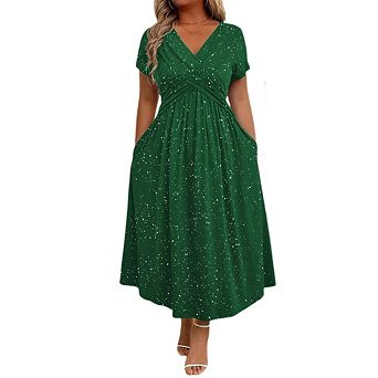 Women's Plus Size Sparkly Maxi Dress Glitter V Neck Ruched Dresses with Pockets