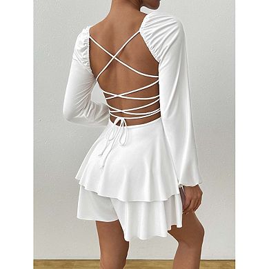Seoria Long Sleeve Square Neck Fit and Flare Mini Dress