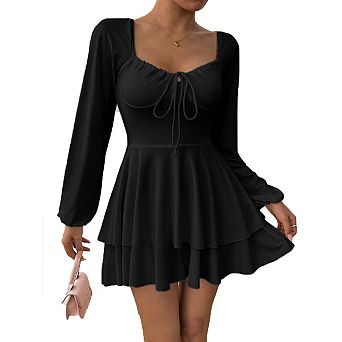 Seoria Long Sleeve Square Neck Fit and Flare Mini Dress