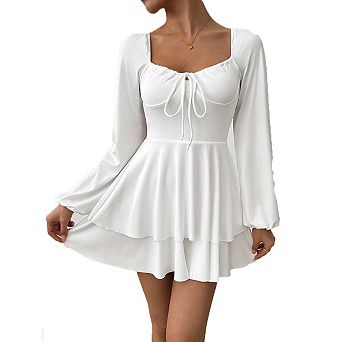 Seoria Long Sleeve Square Neck Fit and Flare Mini Dress