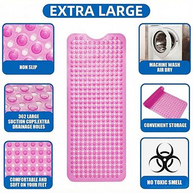 KSIZUIS Red Extra Long Non-Slip Bathtub Mat-39"x16"with Drain Holes&Suction Cups,Machine Washable