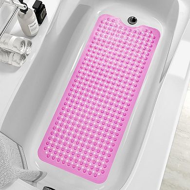 KSIZUIS Red Extra Long Non-Slip Bathtub Mat-39"x16"with Drain Holes&Suction Cups,Machine Washable