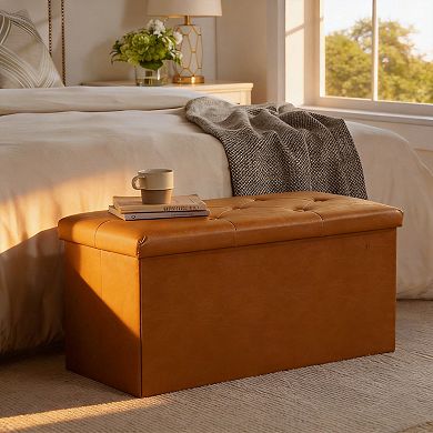 Folding Storage Ottoman Tufted Cube Seat with MDF Frame Linen Upholstery