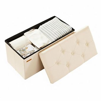 Folding Storage Ottoman Tufted Cube Seat with MDF Frame Linen Upholstery