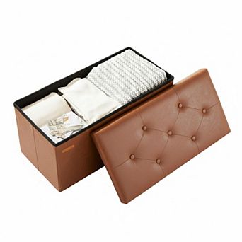 Folding Storage Ottoman Tufted Cube Seat with MDF Frame Linen Upholstery