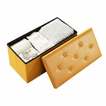 Folding Storage Ottoman Tufted Cube Seat with MDF Frame Linen Upholstery