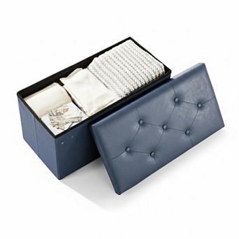 Folding Storage Ottoman Tufted Cube Seat with MDF Frame Linen Upholstery