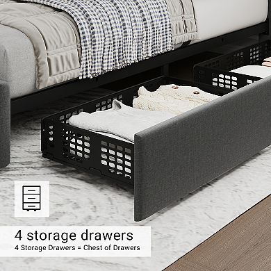 Volkmi Bed Frame with 4 Storage Drawers and Headboard, Linen Upholstered Platform Bed Frame