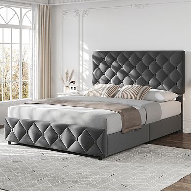 Volkmi Bed Frame with 4 Storage Drawers and Headboard, Linen Upholstered Platform Bed Frame
