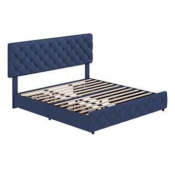 Volkmi Bed Frame with 4 Storage Drawers and Headboard, Linen Upholstered Platform Bed Frame