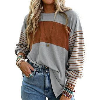 Women's Color Block Striped Long Sleeve Crew Neck T Shirt Casual Loose Top for Daily Wear