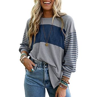Women's Color Block Striped Long Sleeve Crew Neck T Shirt Casual Loose Top for Daily Wear