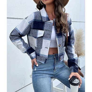 Women's Cropped Plaid Shacket Jacket Button Down Long Sleeve Shirts Coat