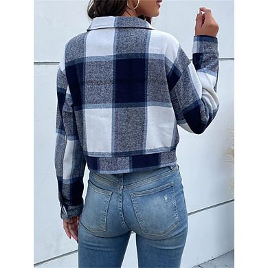Women's Cropped Plaid Shacket Jacket Button Down Long Sleeve Shirts Coat