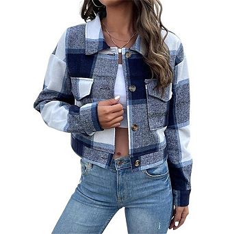 Women's Cropped Plaid Shacket Jacket Button Down Long Sleeve Shirts Coat