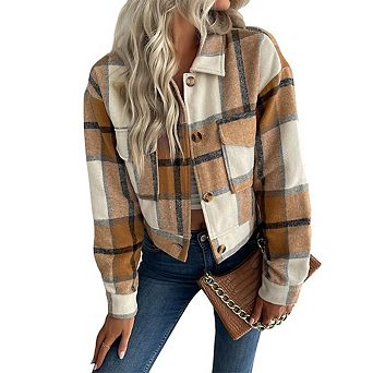 Women's Cropped Plaid Shacket Jacket Button Down Long Sleeve Shirts Coat