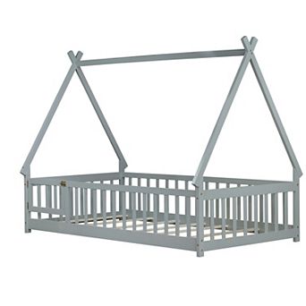 GOODSILO Twin Size Tent Floor Bed with Guardrails, Slats, and Door for Kids Room