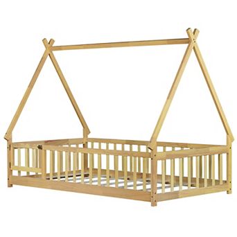 GOODSILO Twin Size Tent Floor Bed with Guardrails, Slats, and Door for Kids Room