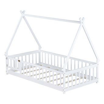 GOODSILO Twin Size Tent Floor Bed with Guardrails, Slats, and Door for Kids Room