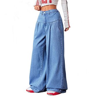 Women's Bell Bottom Jeans High Waist Wide Leg Baggy Flared Pleated Vintage Casual Loose Denim Pants