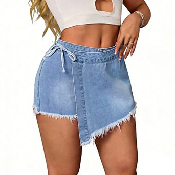 Women's Irregular Hem Denim Skort Asymmetric Wrap Front Frayed Denim Shorts