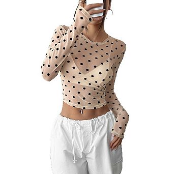 Women Trendy Crew Neck Polka Dot Sheer Mesh Blouse Slim Fit Long Sleeve See Through Crop Shirt