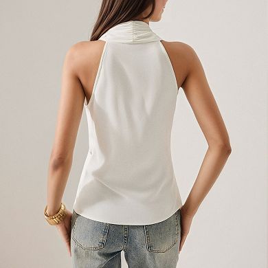 Women's Satin Halter Neck Blouse Slim Fit Ruched Waist Sleeveless Top