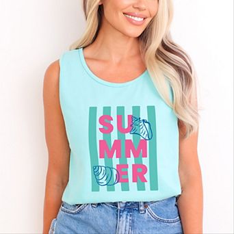 Summer Stripes Seashells - Women's Garment Dyed Graphic Tank Top