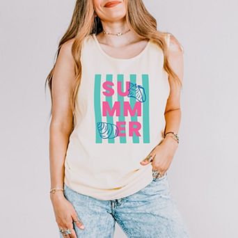 Summer Stripes Seashells - Women's Garment Dyed Graphic Tank Top