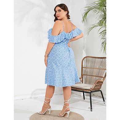 Women's Plus Size Off Shoulder Midi Dress Ruffle Flowy Casual Summer Boho Cami Dresses