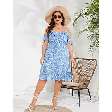 Women's Plus Size Off Shoulder Midi Dress Ruffle Flowy Casual Summer Boho Cami Dresses