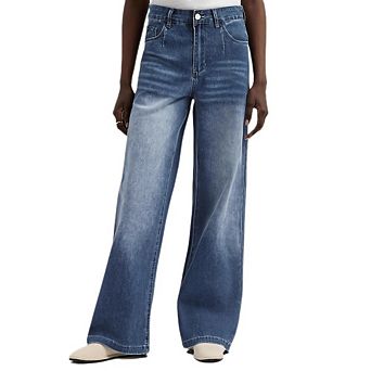 Women's Wide Leg Denim Jeans High Waisted Casual Straight Leg Trousers