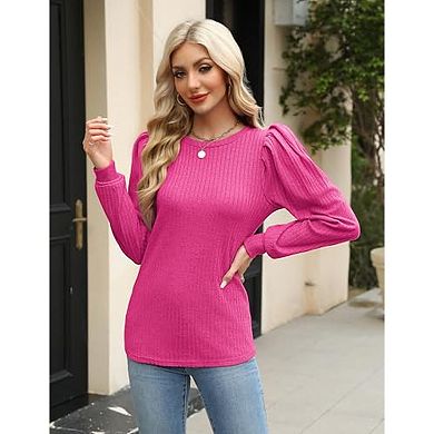 Zeagoo Women's Lightweight Round Neck Long Puff Sleeve Knitted Pullover Sweater Tops