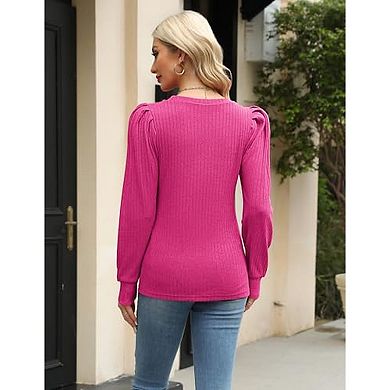 Zeagoo Women's Lightweight Round Neck Long Puff Sleeve Knitted Pullover Sweater Tops