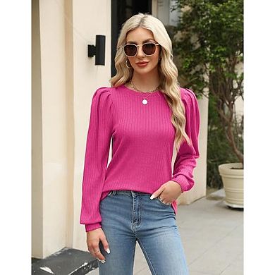 Zeagoo Women's Lightweight Round Neck Long Puff Sleeve Knitted Pullover Sweater Tops