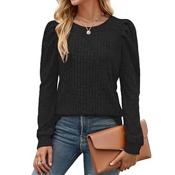 Zeagoo Women's Lightweight Round Neck Long Puff Sleeve Knitted Pullover Sweater Tops