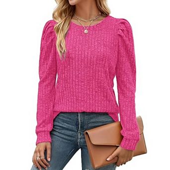 Zeagoo Women's Lightweight Round Neck Long Puff Sleeve Knitted Pullover Sweater Tops