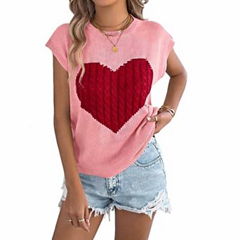 Women's Color-Block Heart Knit Tank Top Loose-Fit Sleeveless Casual Sweater