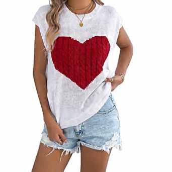 Women's Color-Block Heart Knit Tank Top Loose-Fit Sleeveless Casual Sweater