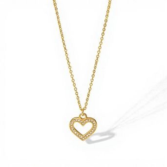 Open Heart Pendant Necklace with Rhinestone Outline Delicate Chain Jewelry