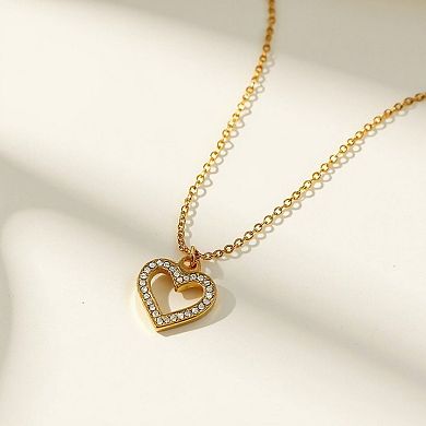 Open Heart Pendant Necklace with Rhinestone Outline Delicate Chain Jewelry