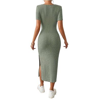 Womens Knitted Dresses Square Neck Dress Elastic Basic Spring Bodycon Versatile Slit Dress