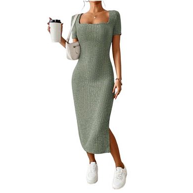 Womens Knitted Dresses Square Neck Dress Elastic Basic Spring Bodycon Versatile Slit Dress