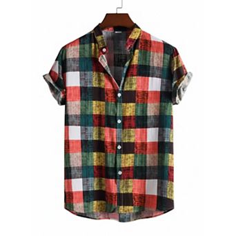 Men's Plaid Print Short Sleeve Button Down Shirt