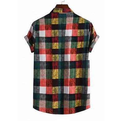 Men's Plaid Print Short Sleeve Button Down Shirt