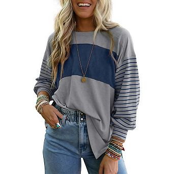 Long Sleeve Tops Oversized Trendy Round Crew Neck Casual Color Block Womens Shirts Blouses