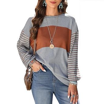 Long Sleeve Tops Oversized Trendy Round Crew Neck Casual Color Block Womens Shirts Blouses