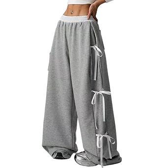 Women's Baggy Sweatpants Elastic Waist Casual Bow Wide Leg Pants with Pocket